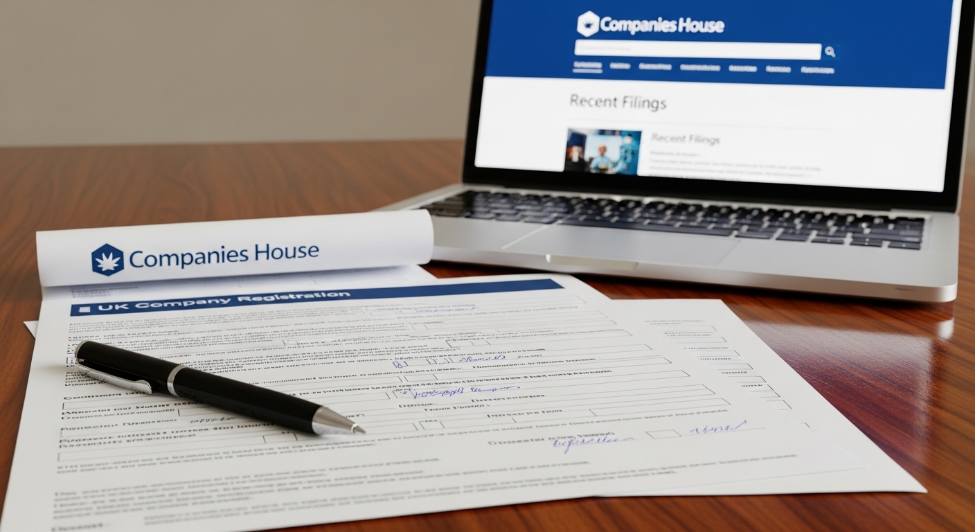 A close-up, photorealistic image of official-looking documents with UK company registration forms, a pen, and a laptop displaying a Companies House website in the background, set on a professional wooden desk.