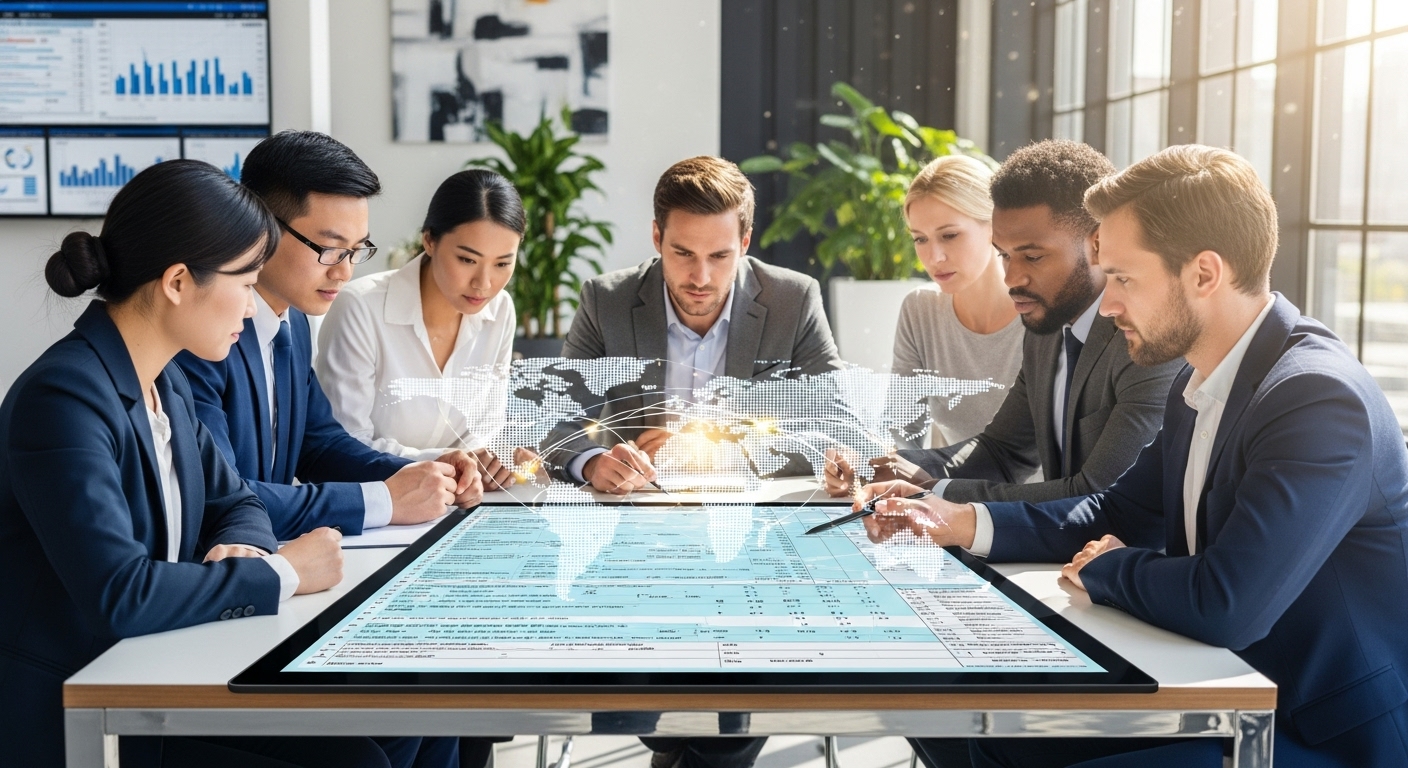 A diverse group of business professionals from different nationalities are seated around a modern conference table, looking at a digital tablet displaying tax forms and global maps, symbolizing international tax treaties and collaborative financial planning in a bright, contemporary office setting. The mood is professional and focused.