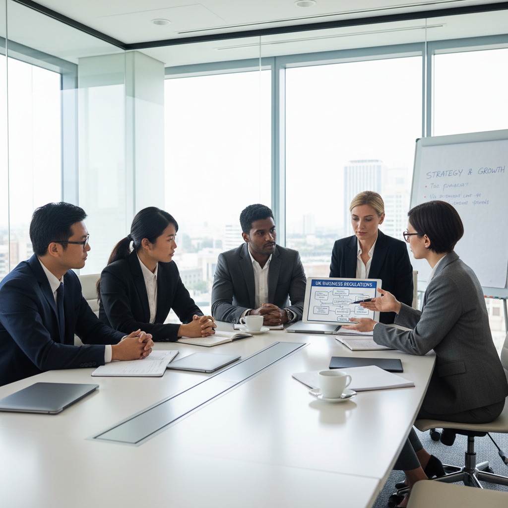 A diverse group of expat business owners, looking professional and engaged, are seated around a conference table in a modern office, listening attentively to a legal advisor who is explaining complex UK business regulations on a tablet. The setting is bright and professional, illustrating collaboration and expert guidance.