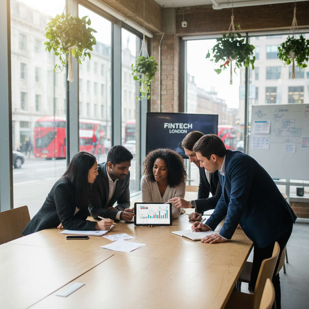 A diverse group of entrepreneurs, including people of various ethnicities, collaborating in a modern, light-filled co-working space in London, looking at a tablet displaying financial charts. The scene should convey innovation and partnership in business funding. Photorealistic style.