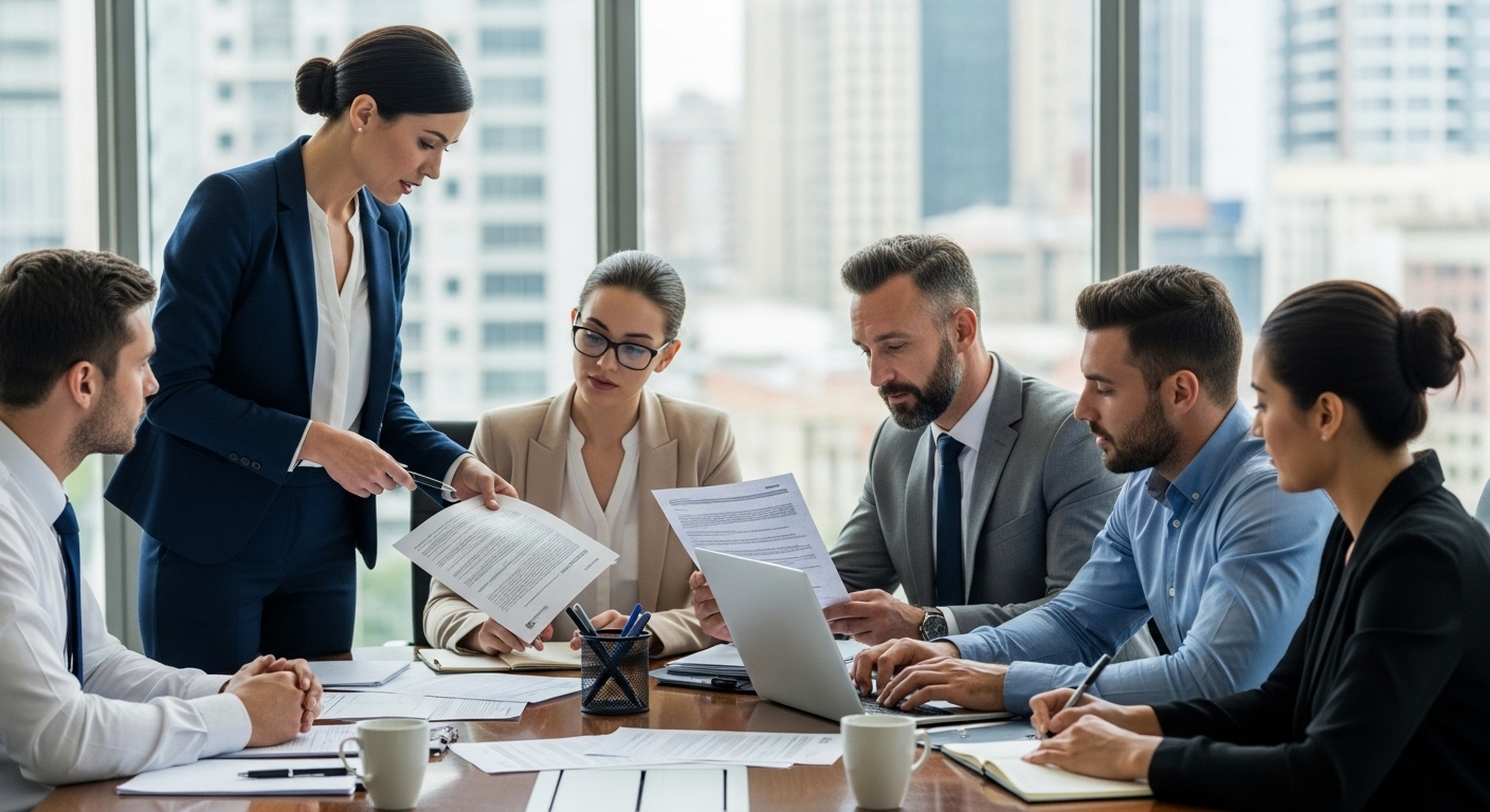 A diverse team of business professionals sitting around a modern conference table, looking at documents and a laptop, with a focus on a solicitor explaining complex immigration paperwork. The atmosphere is professional and collaborative, indicating problem-solving and strategic planning. Photorealistic style with clear lighting.