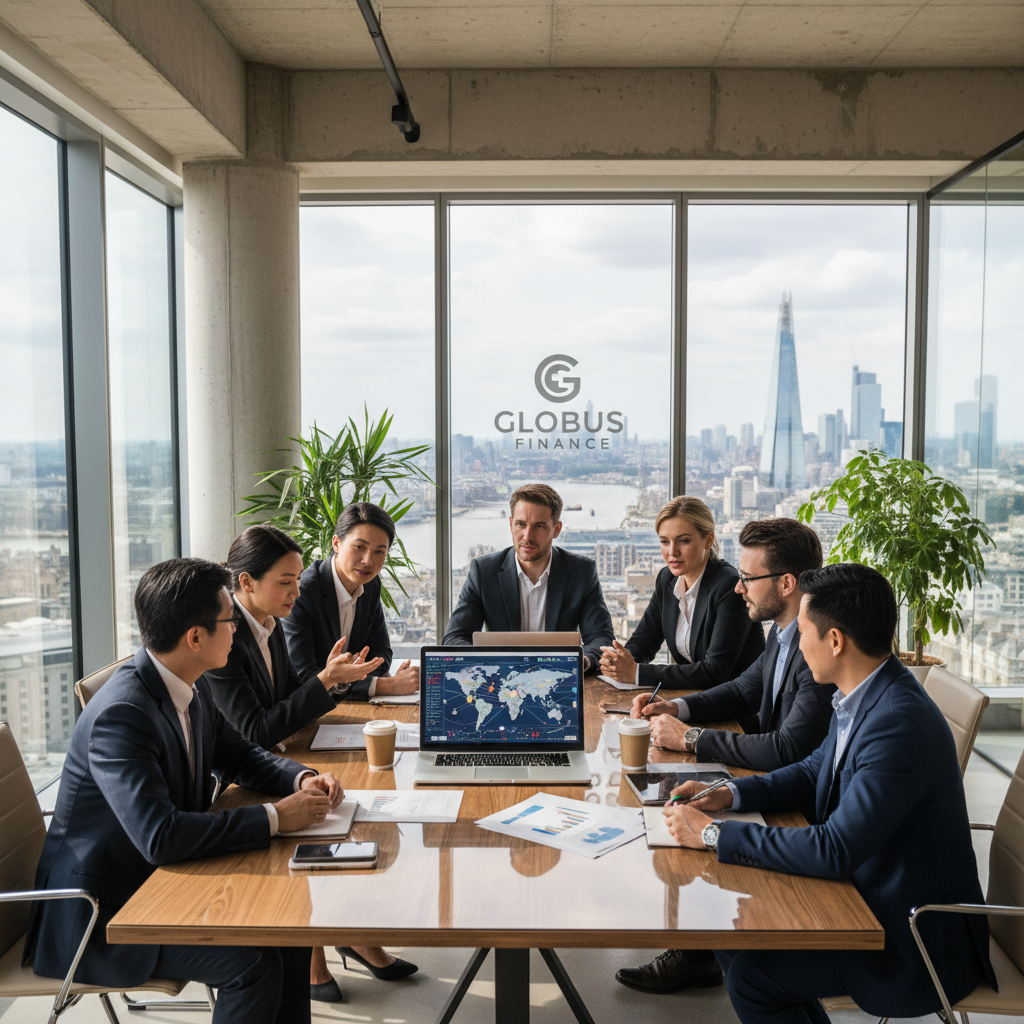 A diverse group of business professionals from various backgrounds collaborating in a modern, light-filled office space in London, looking at a laptop displaying financial data, symbolizing global business and banking. High-resolution, professional photography style.