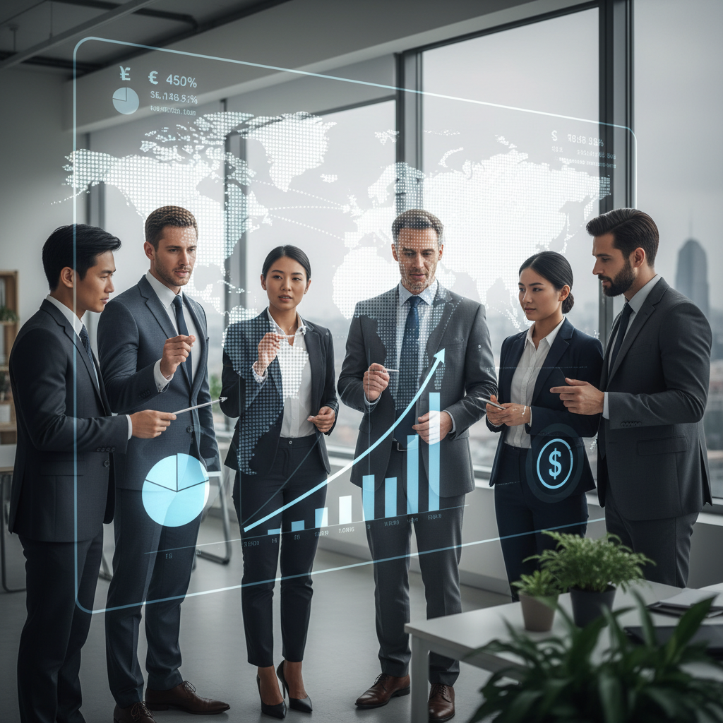 A diverse group of business professionals in a modern office setting, looking at digital charts and collaborating on a strategy, with a world map subtly in the background, depicting cross-border collaboration and financial planning.