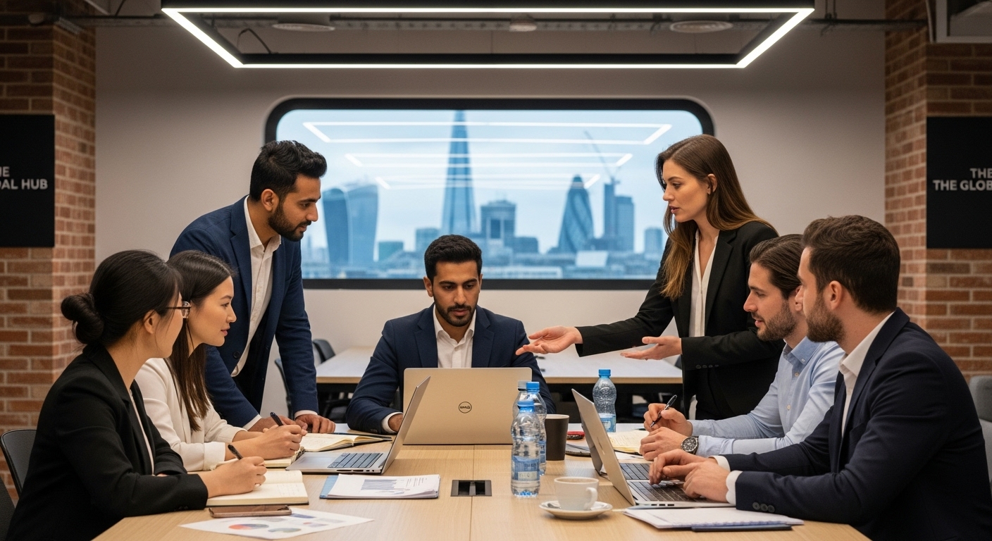 A professional, diverse group of expat entrepreneurs in a modern, well-lit co-working space in London, collaborating around a large table with laptops and documents. The London skyline is visible subtly through a window in the background, suggesting innovation and global business.