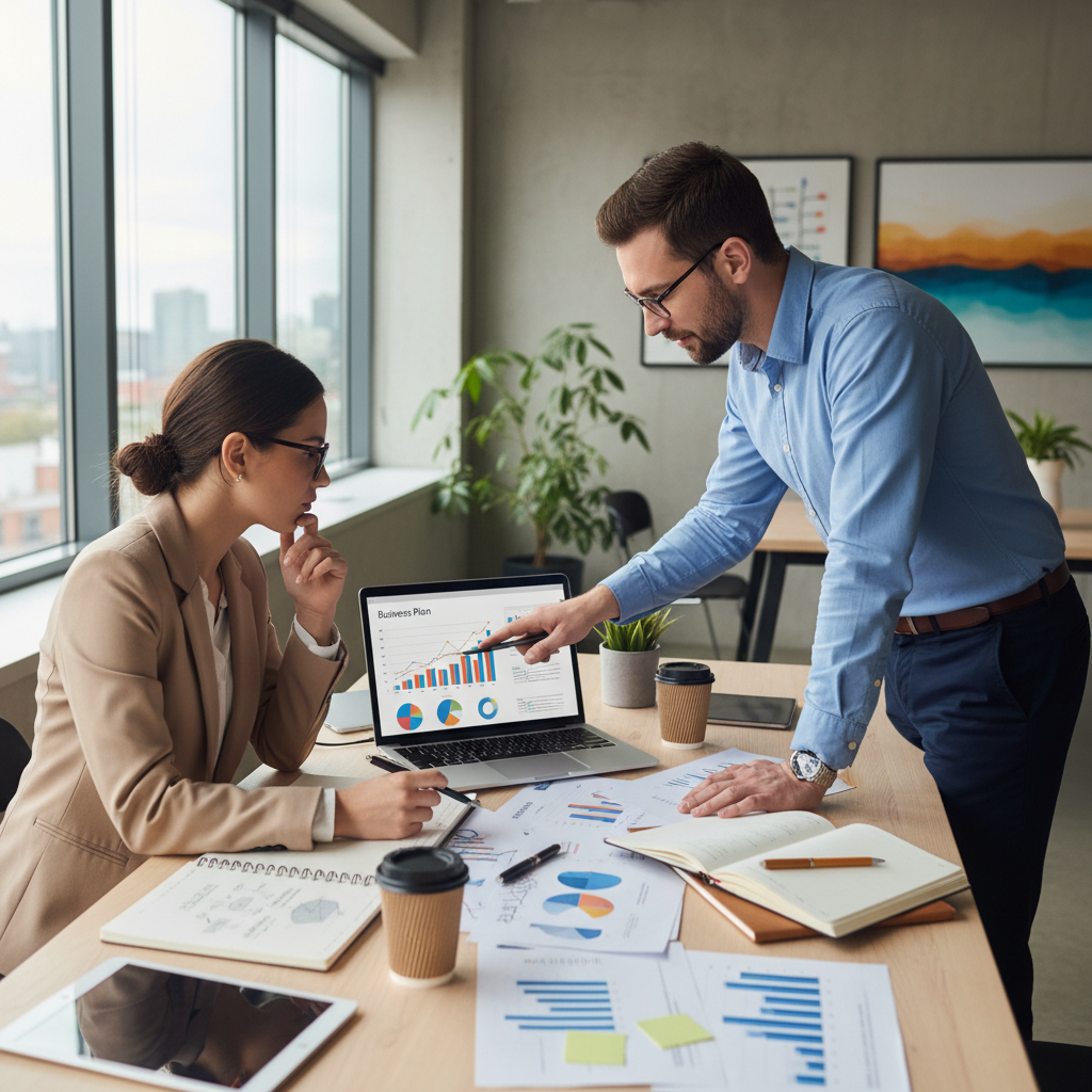 A professional business consultant and an aspiring entrepreneur collaboratively working on a detailed business plan at a modern office desk. They are looking at charts and financial projections on a laptop screen, with notebooks and pens spread around. The scene is bright and conveys a sense of focused collaboration and innovation. Photorealistic.