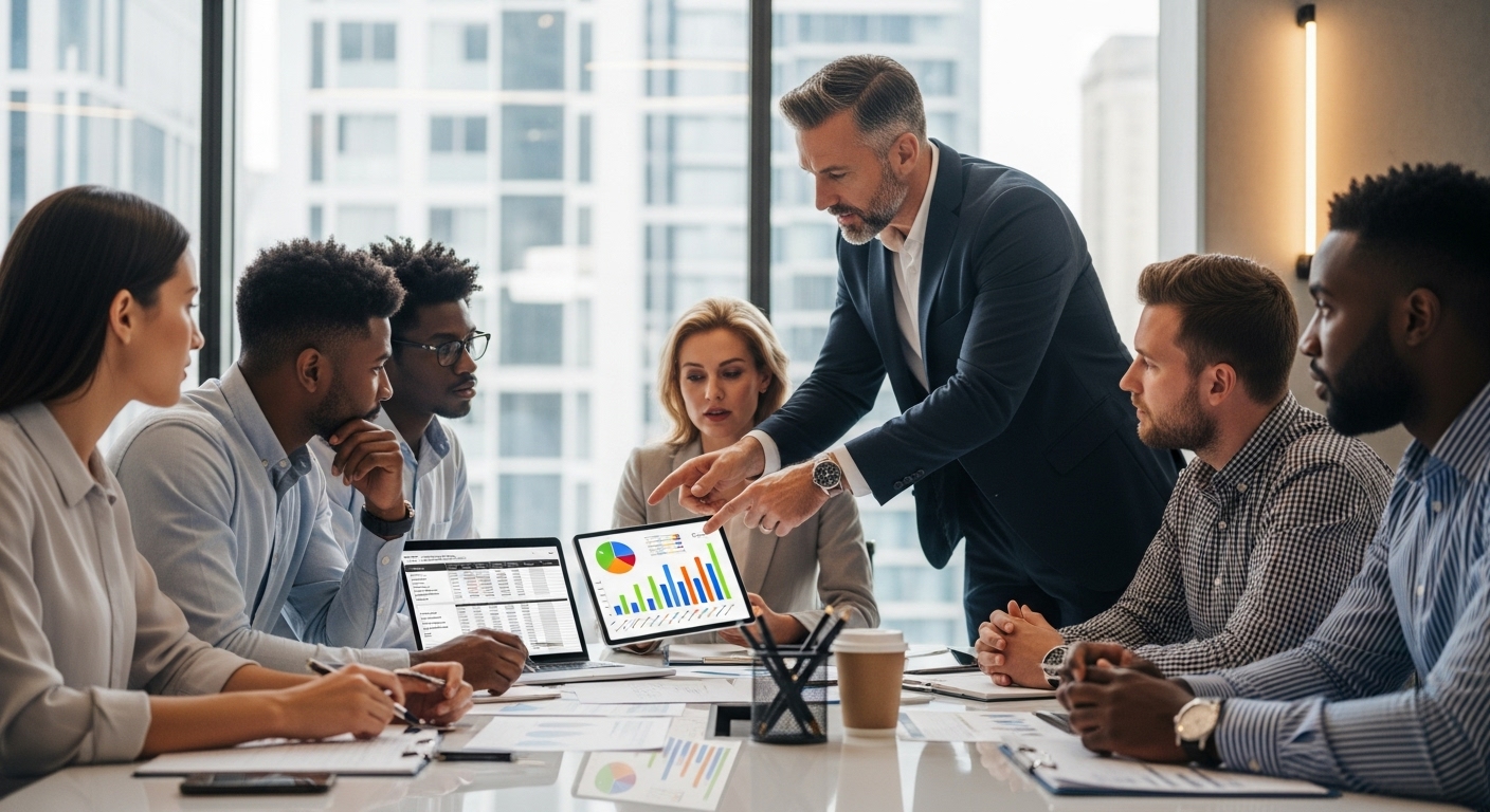A diverse group of entrepreneurs in a modern, brightly lit office collaborating with a professional consultant who is pointing at a digital tablet displaying business growth charts. The scene is dynamic, showing serious discussion and strategic planning with a laptop and documents on the table. Photorealistic, high-resolution.