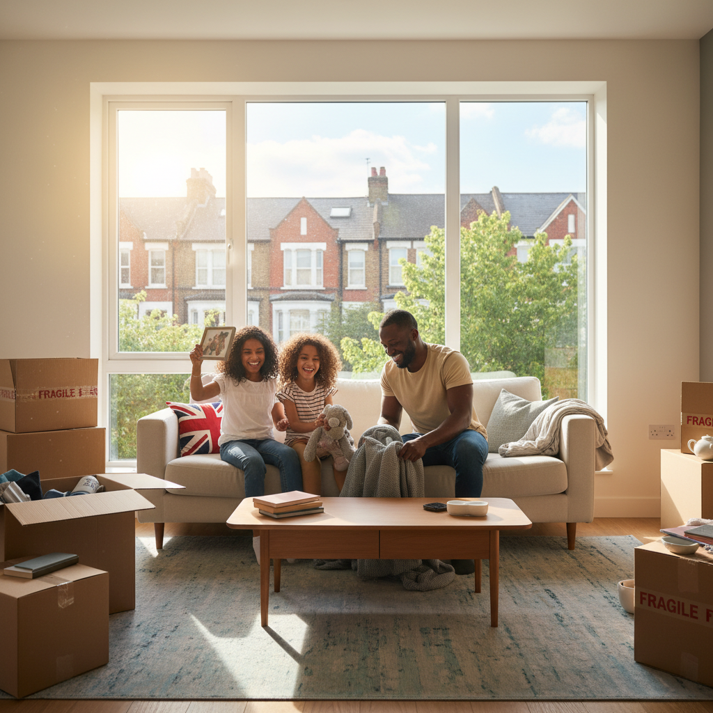 A diverse expat family, including two adults and a child, smiling happily as they unpack boxes in a brightly lit, modern living room of their new home in the UK. Sunlight streams through a large window, highlighting the comfortable and welcoming atmosphere.