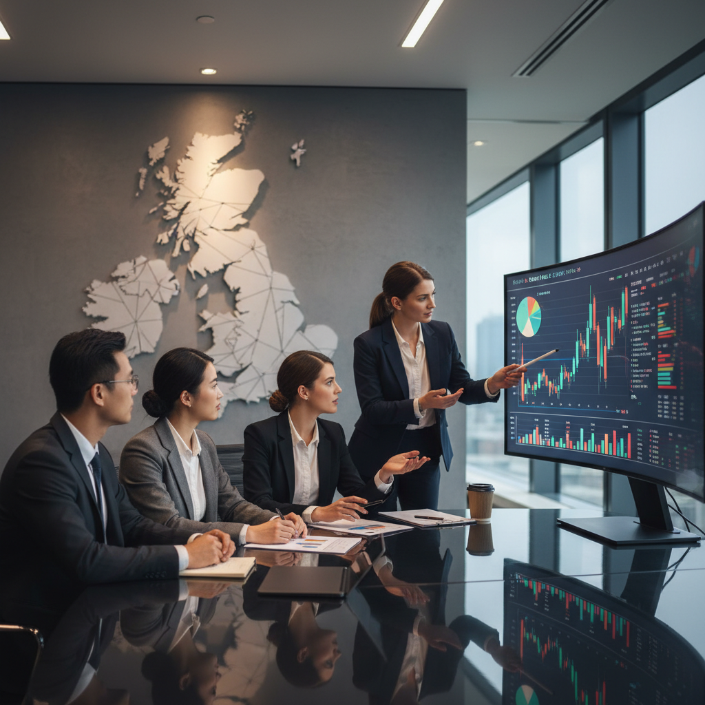 A diverse team of business consultants in a modern office collaborating around a table, looking at financial charts on a large screen, with a map of the UK subtly visible in the background, conveying professionalism and strategic planning. Photorealistic.