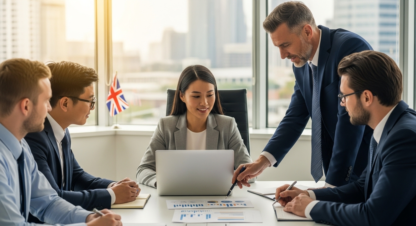 A professional, diverse group of business people collaborating in a modern office, one expat looking confidently at a laptop, while a consultant points to a financial document. The scene should convey support and successful business setup, with a clear UK flag subtly in the background.