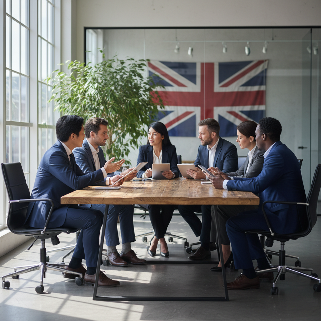 A diverse group of international business professionals in a modern, sunlit office setting, looking at digital tablets and discussing business strategies, with a subtle UK flag in the background, highly detailed and photorealistic.